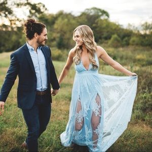 Baby blue dress. Floral and tulle